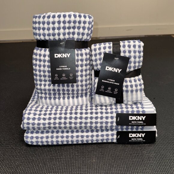 8 Pc. DKNY Monet Tile Blue White Squares Dots Stripes Towel Set Towels Gingham - Picture 6 of 11